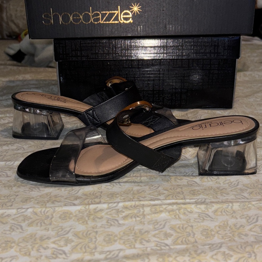 Black and Clear Block Heel Sandals
